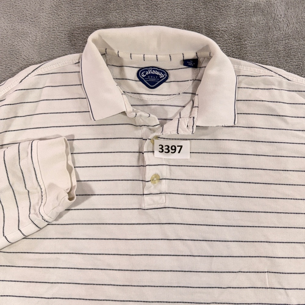 Callaway Golf Polo Mens Medium White Striped Long Sleeve Cotton Pique Sport